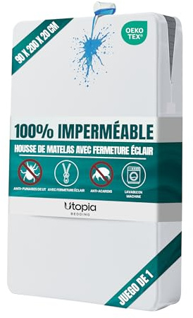 Utopia Bedding Coprimaterasso Impermeabile (90 x 200 x 20 cm), Coprimaterasso con Cerniera, Protegge Dagli Acari Della Polvere e Dalle Cimici dei Letti, Bianco