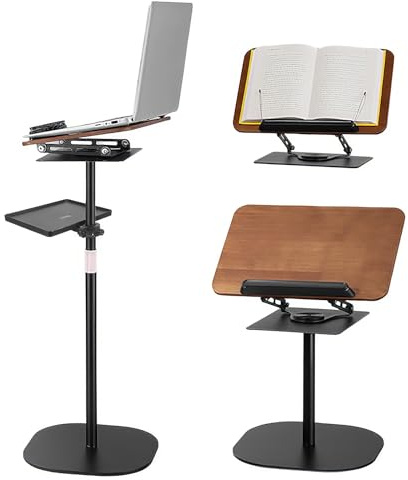 Soporte 2 en 1 para libros de suelo y escritorio con clips de página, soporte ajustable en altura/ángulo para laptop con bandeja para mouse, soporte para libros de recetas para libros de cocina