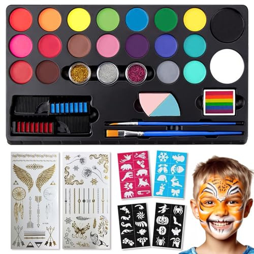 Professional Face Painting Kit - 23 Colours Matte Makeup, 3 Glitters, Hair Chalks, Brushes, Sponges & 32 Stencils for Adults, Halloween, Cosplay, Body and face Makeup Set
