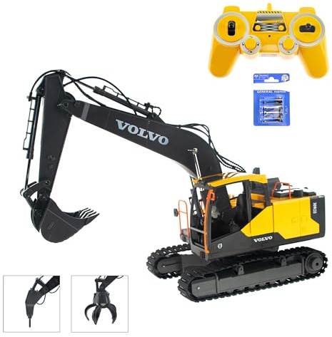 EFASO Excavadora teledirigida Volvo 1:16 con pala, martillo de metal y pinza, RTR Set con mando a distancia, batería, cable de carga y pilas para el control remoto