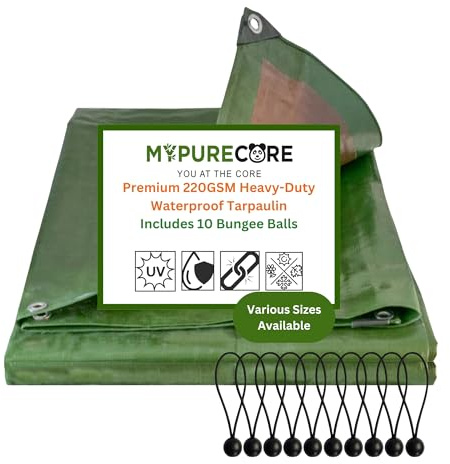 MYPURECORE Heavy-Duty Waterproof Tarpaulin 220 GSM with 10 Bungee Balls – Dual-Colour Green/Brown Tarp, Reinforced Edges, Camping, Trailers, Garden, Greenhouse & Outdoor Cover (3m x 4m)