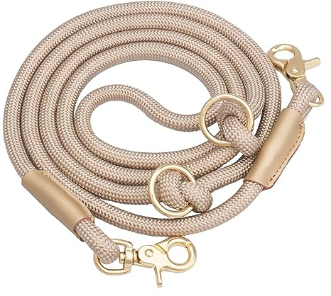 Multifunctional Hands Free Dog Leash 7FT, Nylon Rope Crossbody Shoulder Lead with Poop Bag Holder, Waist Dog Walking Leash for All Breeds (Tan, 7FT x 10mm Leash)