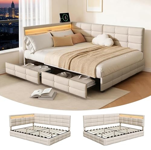 BRILVERDE Letto Contenitore 140x190 con Cassetti, Letto imbottito con luce LED/USB, Divano letto con Testiera contenitore, con Rete a Doghe, Lino(Beige, 140 x 190 cm)