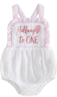 LYSINK Baby Half Birthday Outfit Striped Sleeveless Bubble Romper Overalls | Cake Smash Outfit Letter Balloon Embroidery Playsuit