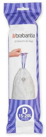 Brabantia IdealFit Bin Liners (Size D/15-20 Litre) Ideal Quality Thick Plastic Trash Bags with Tie Tape Drawstring Handles (20 Bags)