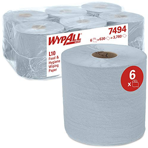 WypAll L10 Food & Hygiene Wiping Paper 7494 - Centrefeed Roll for Roll Control and ReachPlus Dispensers - 6 Blue Rolls x 630 Paper Wipers (3,780 Total)