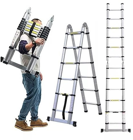 Teleskopleiter Ausziehleiter Klapp Ausziehbar Stehleiter Mehrzweck Stahl, 12,5ft/3,8m Edelstahl Leiter EN131 Safe Standard 330 LB Tragfähigkeit (1,9m +1,9m A-Frame Leiter)