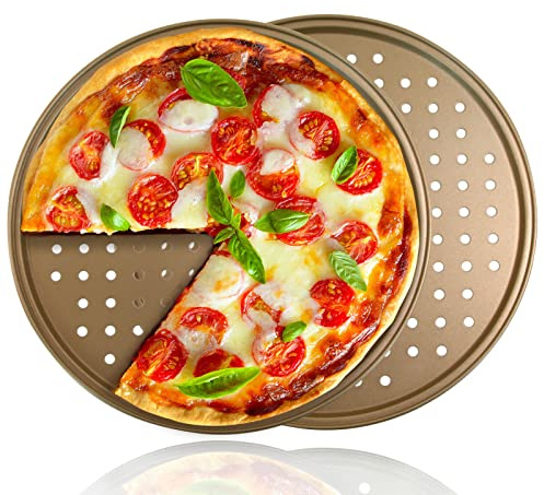 COOKWIN 2 Pack Pizza Pan for Oven, 12.6 Inch Pizza Baking Pan, Non-Stick Golden Carbon Steel Pizza Tray with Holes, Organosilicon Coated Crisper Pan, Dishwasher Safe