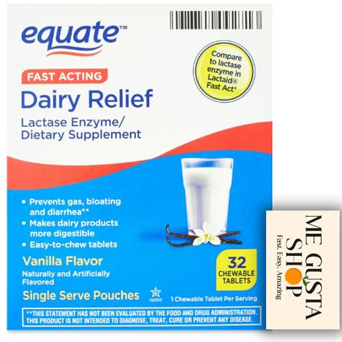 Equate Fast Acting Dairy Relief Lactase Enzyme Vanilla Flavor chewables Tablets 32 Count + me Gusta Sticker