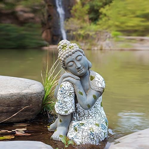 Pevfeciy Buddha Figur groß Garten Deko Figuren Zen Gartendeko Feng Shui Figuren, H-46 cm/4 kg,Robust Buddha Statue aus Steinguss frostfest wetterfest Steinfiguren，Grau