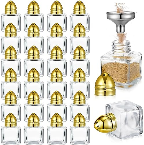 Uiifan 24 Pcs Mini Salt and Pepper Shakers Glass Cube Shape, Gold