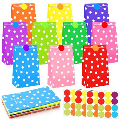 Bolsas de Papel, 40 Piezas Bolsas Regalo Coloridas con 48 Pegatinas, Bolsas Papel Kraft Regalo para Infantil Cumpleaños Fiesta Bodas Navidad, 24 x 13 x 8 cm, 10 Colores