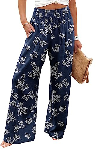 KISSMODA Elastic High Wasited Palazzo Pants for Women Wide Leg Long Lounge Pants Casual Trousers with Pocket 2023