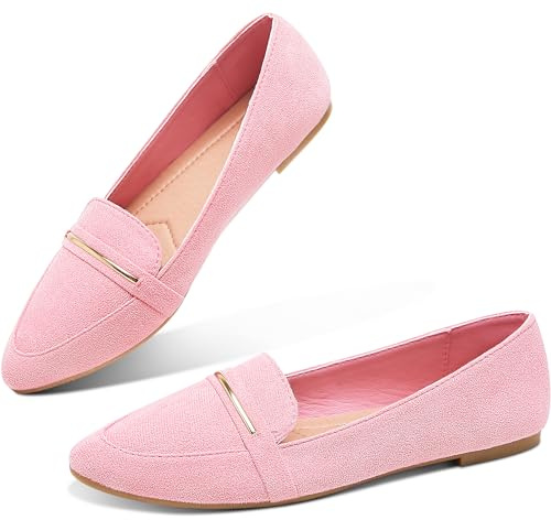 Obtaom Women's Pointy Toe Loafer Flat Comfortable Faux Suede Working Shoes,Cute Penny Loafer Slip On Ballet Flat（Pink，US9）