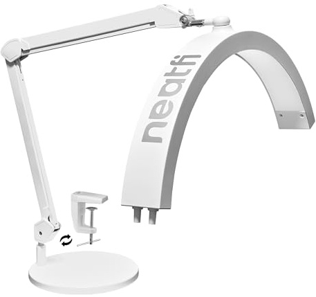 Neatfi Half Moon Swing Arm Bordslampa, LED-belysning för estetiker, 2500 Lumen, 5 ljuslägen, idealisk för nagelkonst, ansiktsbehandlingar, gängning och tatueringar (CCT med Bas och Klämma, Vit)