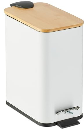 Relaxdays 5 L Pattumiera Bagno a Pedale, Cestino Cosmetici con Cesto Interno Rimovibile, Bidone in Ferro e bambù, Bianco