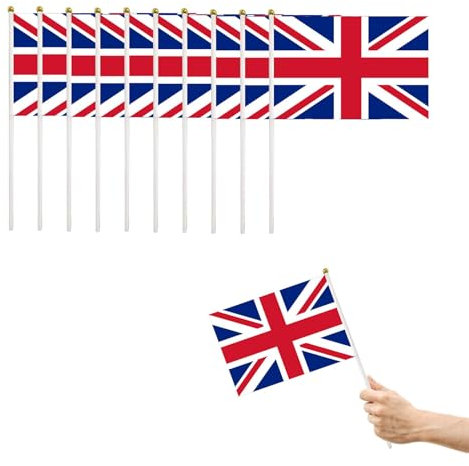 Bandera Británica Union Stick,Bandera Reino Unido,Banderines de Reino Unido,Banderines UK Portátil para Celebraciones Nacionales y del Día de los Caídos,Decoración de Jardin,14X21cm,10 Piezas