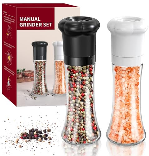 CIRCLE JOY Moulins à Poivre Manuel pour Chef Professionnel, Salieres et Poivrieres Lot de 2 avec Lames en Céramique, Grossièreté Réglable et Récipient en Verre sans BPA de 180ml, Grand Noir Blanc
