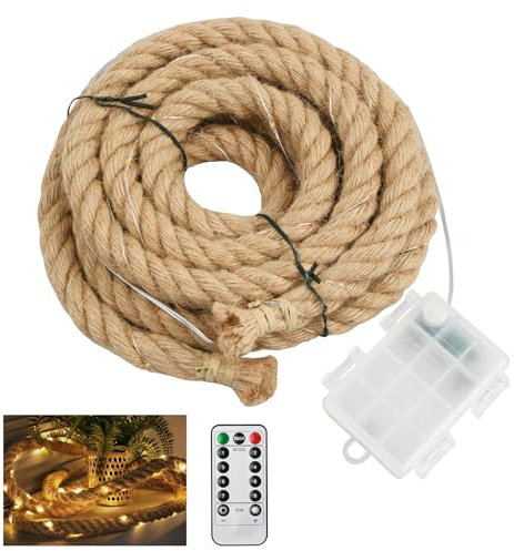 Litinliv Guirlande Lumineuse LED en Corde de Chanvre, 300cm 60 LEDs, Fonctionne à Batterie, 8 Modes, Télécommande, pour Intérieur et Extérieur, Jardins, Terrasses, Balcons, Arbres, Cheminées, Fenêtre