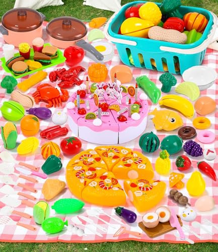 141 Stück Küchenspielzeug Set,Kinderküche Spielküche Zubehör,Küche Kleinkinder Pädagogisches Lernen Spielzeug,Küchenspielzeug Schneiden Obst Gemüse Lebensmittel,Lernspielzeug Rollenspiele Geschenk