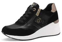 QUEEN HELENA Sneakers aus Leder mit Keilabsatz, hohe Turnschuhe für Damen QH8010, Schwarz , 38 EU