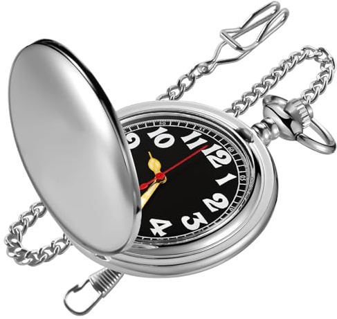 Tiong Silvery Smooth Covered Quartz Men's Pocket Watch,Luminous Arabic Numerals Black Dial Pocket Watch with Chain