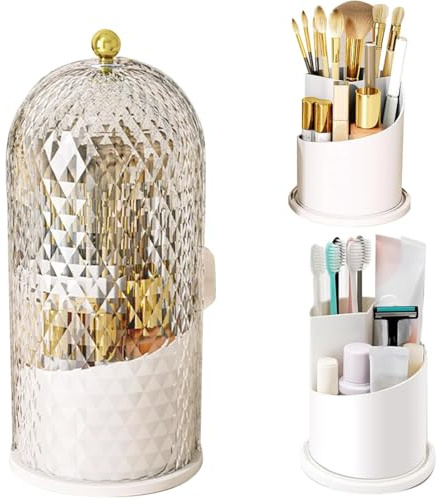 Support de pinceaux de maquillage rotatif à 360° avec couvercle, 3 compartiments, protégé contre la poussière, organisateur de pinceaux de maquillage et porte-brosse à dents, pour salle de bain