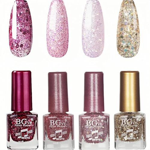 Nail Polish Set, Pink Glitter Nail Varnish Sets, Quick Dry & Long Lasting Oil-Based Formula, No UV Cure Needed for DIY Nail Art, Shimmery & Easy to Apply, Nice Gift Set for Women & Girls