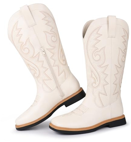 Hawkwell Botines de vaquero para mujer, con puntera cuadrada, cremallera lateral, bordadas, tacón bajo, botas de estilo occidental de media pantorrilla, Blanco, 39 EU