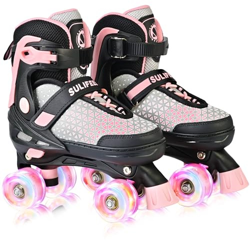 SULIFEEL 4 Sizes Adjustable Roller Skates for Kids, Quad Skates with Light up Wheels, Safe Fun Children Big Kids Skates for Ages 5-8, Best Gift for Beginners Outdoor Skates Sports (Pink, Medium)