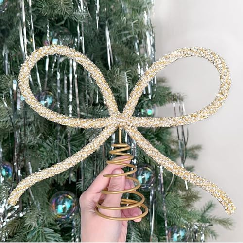 Auroriel Christmas Tree Decorations Gold Glass Rhinestone Bow Tree Topper Christmas Tree Topper Decor for Indoor Outdoor Home Room