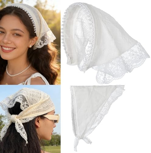 SL Sursarbelor 2 PCS Bandans Hair Scarf Headband for Women, White and Apricot Lace Bandana Scarf Headscarf, Cute Triangle Hair Scarves Girl’s Head Accessories