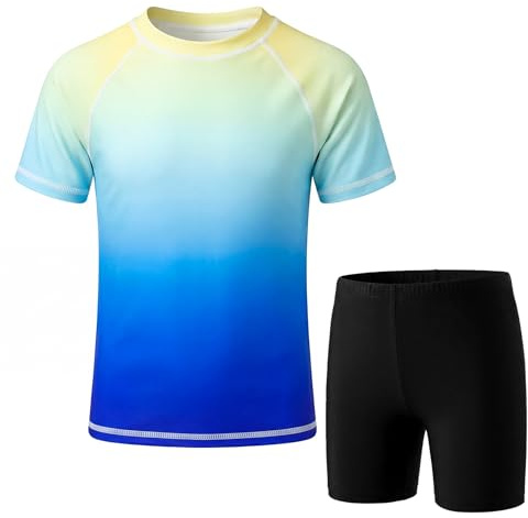 FILOWA Baddräkt, pojkar, barn, tvådelad rashguard-skjorta och badbyxor, snabbtorkande baddräkt, UV-skydd, kortärmad badshorts, set, sommar, strand, surfing, badkläder för 104–164, blå, 128-140