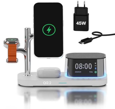 Trådlös Laddningsstation 5-i-1 med Alarm, Bluetooth-högtalare och LED-Nattlampa kompatibel med MagSafe från MMOBIEL – 25 W Qi2.2 Magnetisk Laddare för iPhone, Apple Watch – Vit