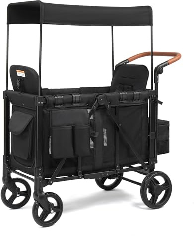 Bonnlo Folding Wagon for Kids to Sit in, Elevated 2-Seater Handcart with Detachable Seats, Removable Canopy, 5-Point Harness and Large All-Terrain Wheels, Outdoor Camping Cargo Cart, Black