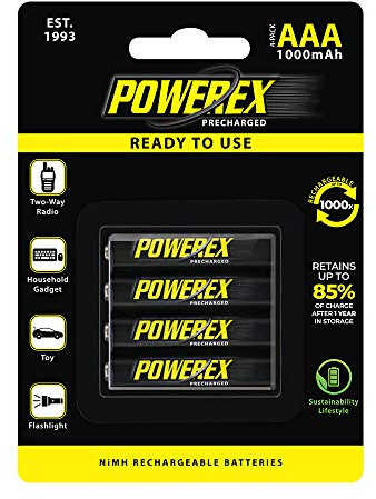 Powerex Precharged Rechargeable AAA NiMH Batteries (1.2V, 1000mAh, Low Self-Discharge) - 4-Pack