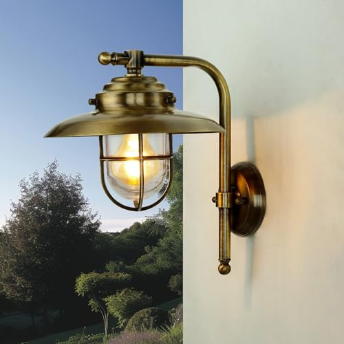 Licht-Erlebnisse XL Außen Wandleuchte aus Echt-Messing wertig in Antik IP43 E27 H30cm B:28cm für Garten Terrasse Hof Hauswand Eingang Außenleuchte Außenlampe Wandlampe