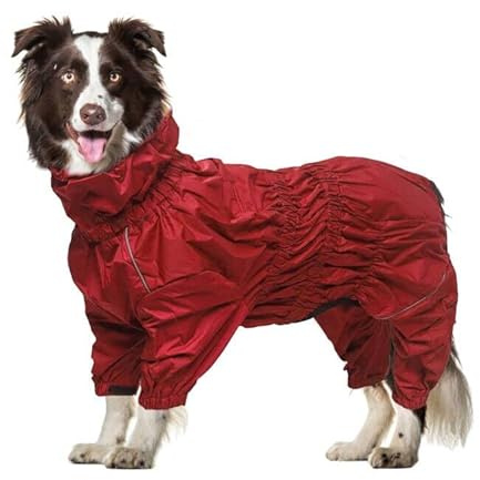 Geyecete - Perros Chubasquero de pantalón de Pierna 1/2, Impermeable para Perros con Correas Reflectantes y Agujero para el arnés, Abrigo para Cachorros y Perros pequeños y medianos-Rojo-L