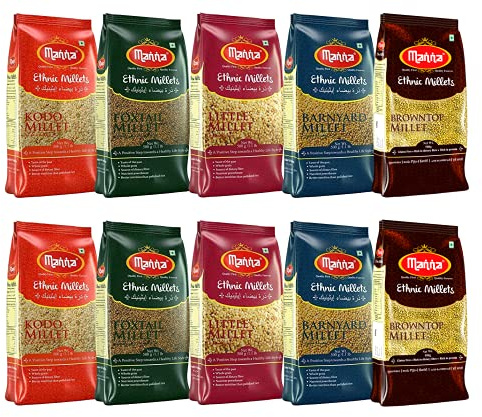 Manna Millets 5Kg Combo Pack de 10 (Avec Browntop) | Céréales Naturelles | Browntop 1kg, Little 1kg, Kodo 1kg, Foxtail 1kg, Barnyard 1kg | Riz à faible IG