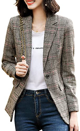 ebossy Women's Notch Lapel 2 Button Boyfriend Blazer Suit Houndstooth Plaid Jacket Coat (Small, X-Light Grey)