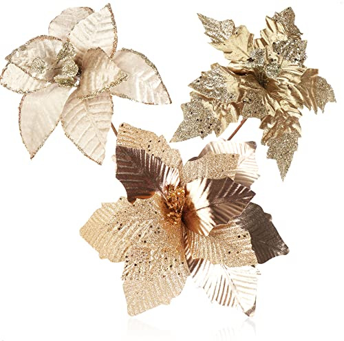 com-four® 3X composizioni Decorative, Fiori Artificiali Come fantastiche Decorazioni Natalizie, bellissime Decorazioni per la Stanza, Anche per ghirlande e composizioni Floreali (Color Oro)