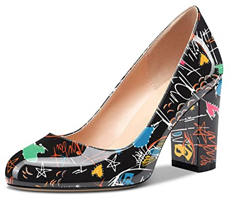 HDEUOLM Mujer Chunky Ancho Alto High Heel Cerrado el Dedo del pie Redonda Punta Pumps Slip-on de Boda Oficina Cute Zapatos 8CM Heels Multicolor Charol A 40 EU
