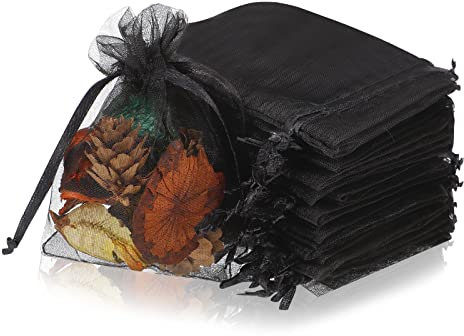 Xinzistar 100 Pcs Sacs Organza, 7x9 cm Sachets Pochettes Cadeau en Organza Noir Organza Sachets avec Rubans Pochette à Bijoux Sachets de Lavande pour Mariage Anniversaire Bonbons