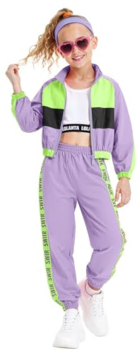 LOLANTA Conjunto de 3 piezas de ropa de hip hop para niñas, chándal retro de los años 80, camiseta sin mangas corta, chaqueta con cremallera y pantalones deportivos de 4 a 13 años