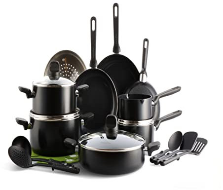 GreenPan Memphis Healthy Ceramic Non-Stick Cookware Pots and Pans Set, 20 Piece, PFAS Free,Induction,Oven Safe, Black