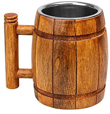 GoCraft Wooden Beer Mug with Stainless Steel Cup – 18oz Handmade Beer Stein Tankard – Rustic Barrel Style Beer Mug for Men – Vintage Pub Mug & Bar Accessories – Great Gift Idea