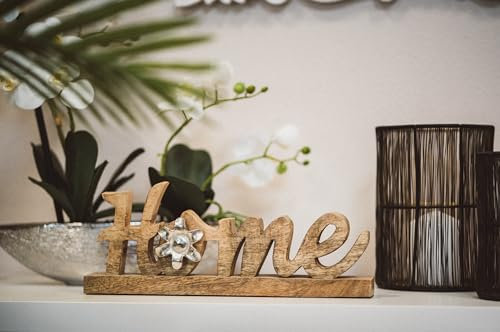 Holz und Metall Schriftzug Home 36 x 13cm mit Blume auf Sockel Tisch-Deko Wohndekoration