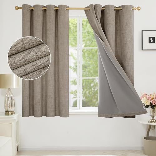 Deconovo Faux Linen Full Blackout Curtains with Coating Back Layer, Energy Saving Thermal Eyelet Curtains for Bedroom, 52 x 63 Inch(Width x Length), Brown Linen, One Pair