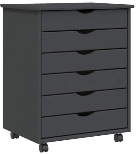 vidaXL Rollschrank, Rollcontainer mit 6 Schubladen, Kommode Schubladenschrank mit Rollen, Büroschrank Aktenschrank Rollwagen, Grau Massivholz Kiefer