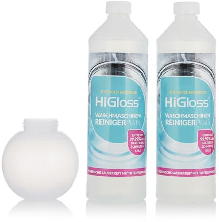 HiGloss Waschmaschinen-Hygienereiniger-Plus 2x 1000ml Set mit Dosierhilfe Hochkonzentrat für hygienische Sauberkeit & Langlebigkeit, Entfernt unangenehme Gerüche, Kalk & Schmutz